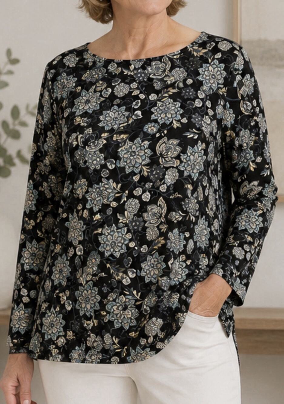 J Jill Size Large Shirt Top Black Floral Luxe Supima Cotton Blend Boat Neck Tee